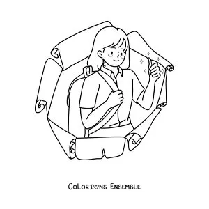 Dessin à colorier d’une petite fille en uniforme avec un sac à dos, prête pour la rentrée