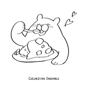 Dessin à colorier d’un ours rigolo qui mange dans une assiette