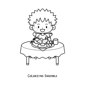Dessin à colorier d’un petit garçon rigolo assis à table avec une assiette de nourriture