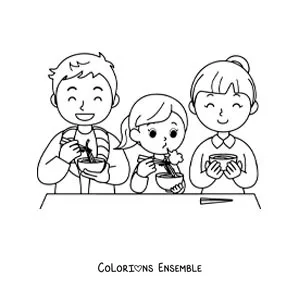 Dessin à colorier d’une famille assise à table en train de manger