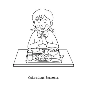 Dessin à colorier d’une fille, les mains jointes, qui remercie pour le repas de la cantine de l’école