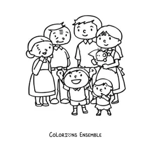 Image à colorier d'un papa, d'une maman, de deux enfants et d'un bébé qui accueillent leurs grands-parents