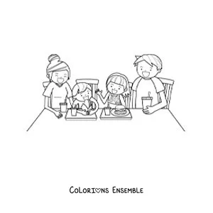 Dessin à colorier d’une famille assise à table en train de manger de la malbouffe