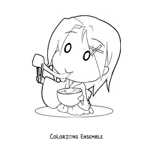 Dessin à colorier d’une petite fille japonaise en train de manger