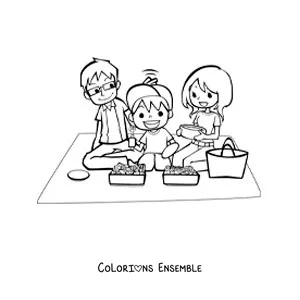 Dessin à colorier d’un petit garçon et de ses parents qui mangent lors d’un pique-nique