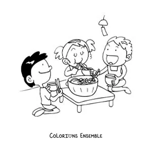 Dessin à colorier d’enfants assis en train de manger de la cuisine asiatique