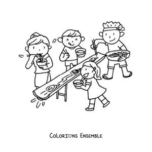 Dessin à colorier de personnes qui mangent des ramen dans un restaurant japonais