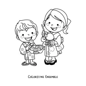 Dessin à colorier d’enfants japonais qui mangent de la glace et des bonbons
