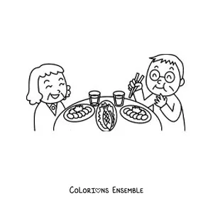 Dessin à colorier d’un couple de grands-parents qui dînent sainement à table