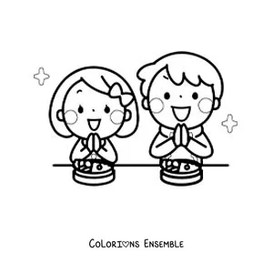 Dessin à colorier de deux enfants qui remercient pour le repas avant de manger