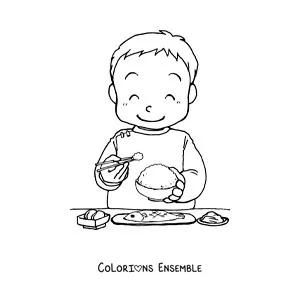 Image à colorier d'un petit garçon asiatique qui mange du riz avec des baguettes
