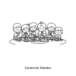 Image à colorier d'une grande famille pleine d'entrain qui mange à table