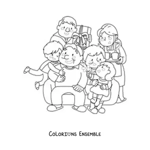 Image à colorier d'un papa, d'une maman et de deux enfants qui entourent leurs grands-parents
