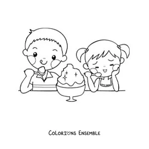 Image à colorier de deux enfants kawaii qui mangent une glace