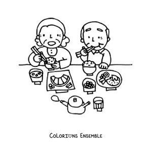 Image à colorier de deux grands-parents qui mangent ensemble à table