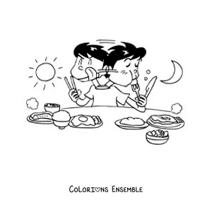 Image à colorier d'un petit garçon qui mange à table du matin au soir