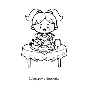 Image à colorier d'une petite fille kawaii assise à table devant une assiette pleine