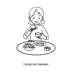 Image à colorier d'une femme qui prend son déjeuner à table