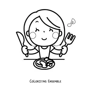 Image à colorier d'une femme kawaii qui mange à table avec des couverts