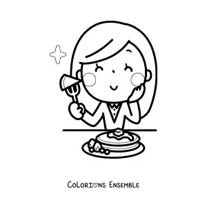Image à colorier d'une femme kawaii qui mange des pancakes au petit déjeuner