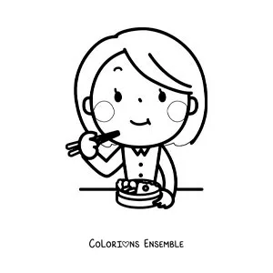 Image à colorier d'une femme kawaii qui mange avec des baguettes