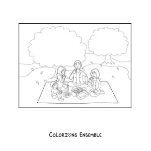 Image à colorier d'enfants et de leurs parents qui mangent en famille lors d'un pique-nique