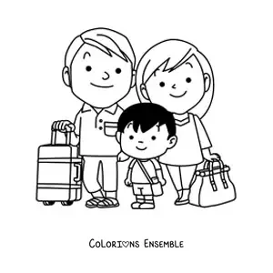 Image à colorier d'une famille avec ses bagages de voyage