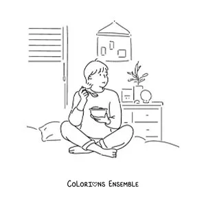 Image à colorier d'un petit garçon qui mange assis sur son lit