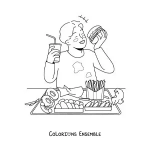 Image à colorier d'un petit garçon qui mange de la malbouffe