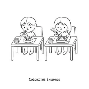 Image à colorier de deux enfants qui prennent leur déjeuner à l'école
