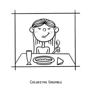 Image à colorier d'une petite fille qui prend son petit déjeuner