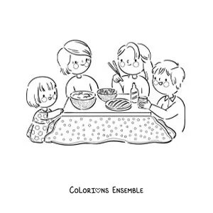 Image à colorier d'une famille qui déjeune ensemble à table