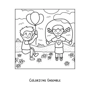 Image à colorier d'enfants qui jouent dans le parc