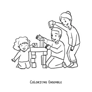 Image à colorier d'une petite fille qui joue avec ses parents