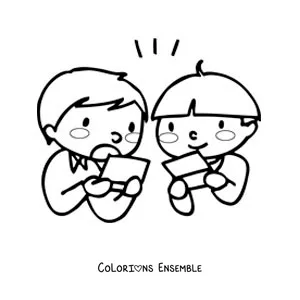 Image à colorier de deux enfants qui jouent aux jeux vidéo