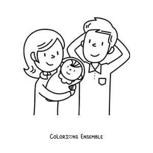 Image à colorier d'une famille avec un bébé