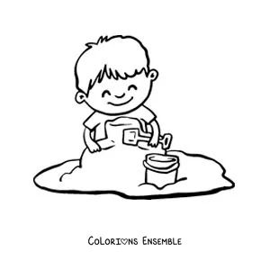 Image à colorier d'un petit garçon qui joue dans le sable
