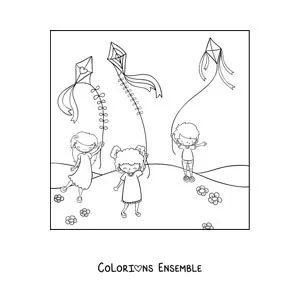 Image à colorier d'enfants qui font voler des cerfs-volants dans le parc