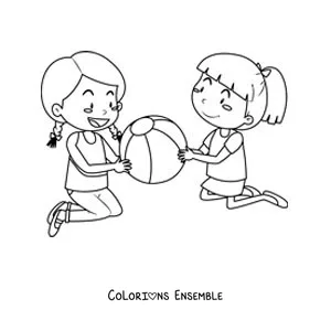 Image à colorier de deux petites filles qui jouent avec un ballon
