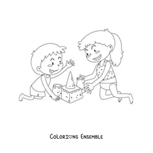 Image à colorier d'une petite fille et d'un petit garçon qui jouent sur la plage