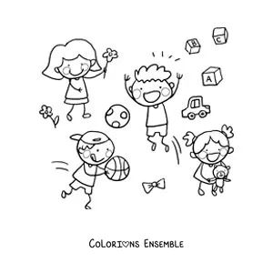 Image à colorier d'enfants avec des jouets dans le parc