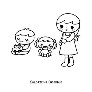 Image à colorier de deux enfants qui jouent à la maternelle avec la maîtresse