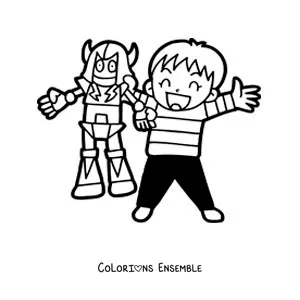 Image à colorier d'un petit garçon qui joue avec son robot jouet