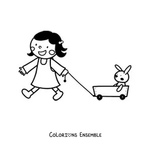 Image à colorier d'une petite fille qui joue avec son lapin en peluche