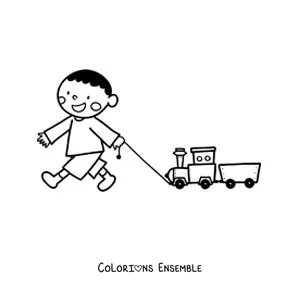 Image à colorier d'un petit garçon qui joue avec son train jouet