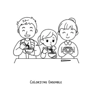Image à colorier d'une famille qui dîne avec des pâtes