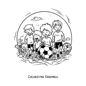 Image à colorier d'un groupe d'enfants qui jouent au football