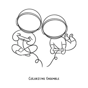 Image à colorier de deux astronautes animés qui jouent aux jeux vidéo