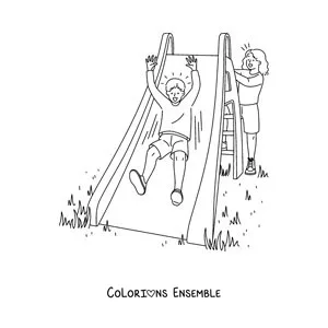 Image à colorier de deux enfants qui jouent sur un toboggan
