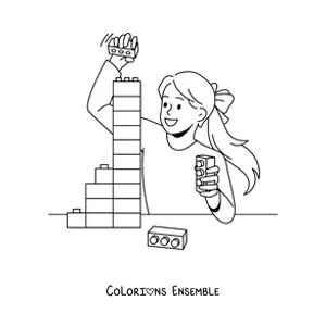Image à colorier d'une petite fille qui joue avec des cubes